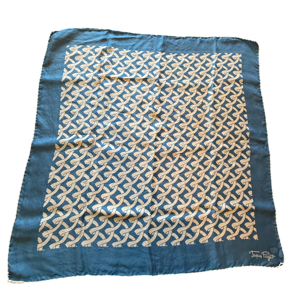 Vintage Jaques Piaget Silk Blend Scarf Sky Blue Geometric Mod Hand Rolled
